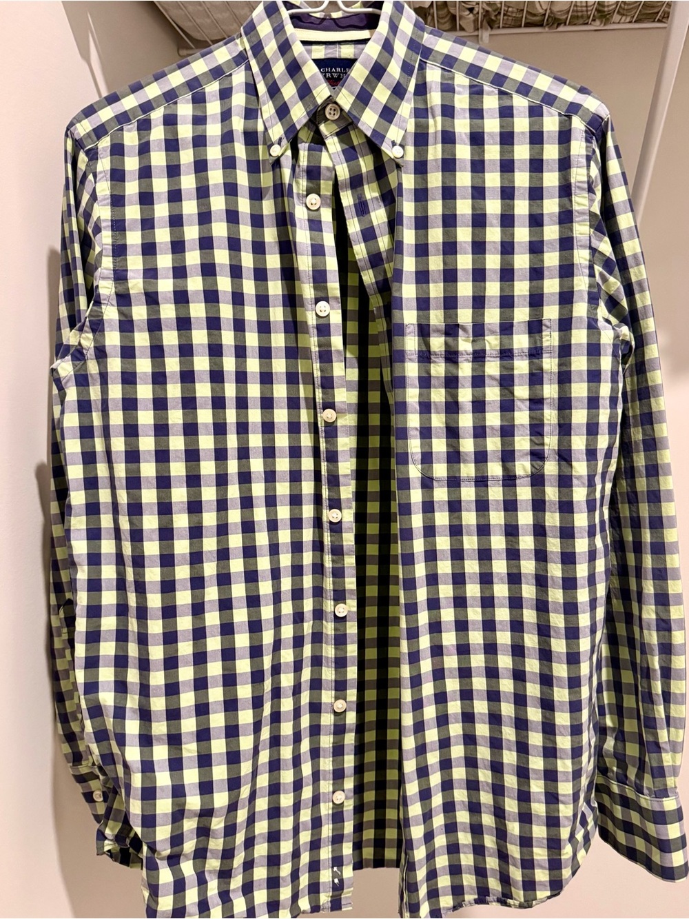 Charles Tyrwhitt Navy and Lime Gingham Button-Down Shirt